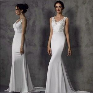 Lace Bodice Ivory Mermaid Wedding Dress by
